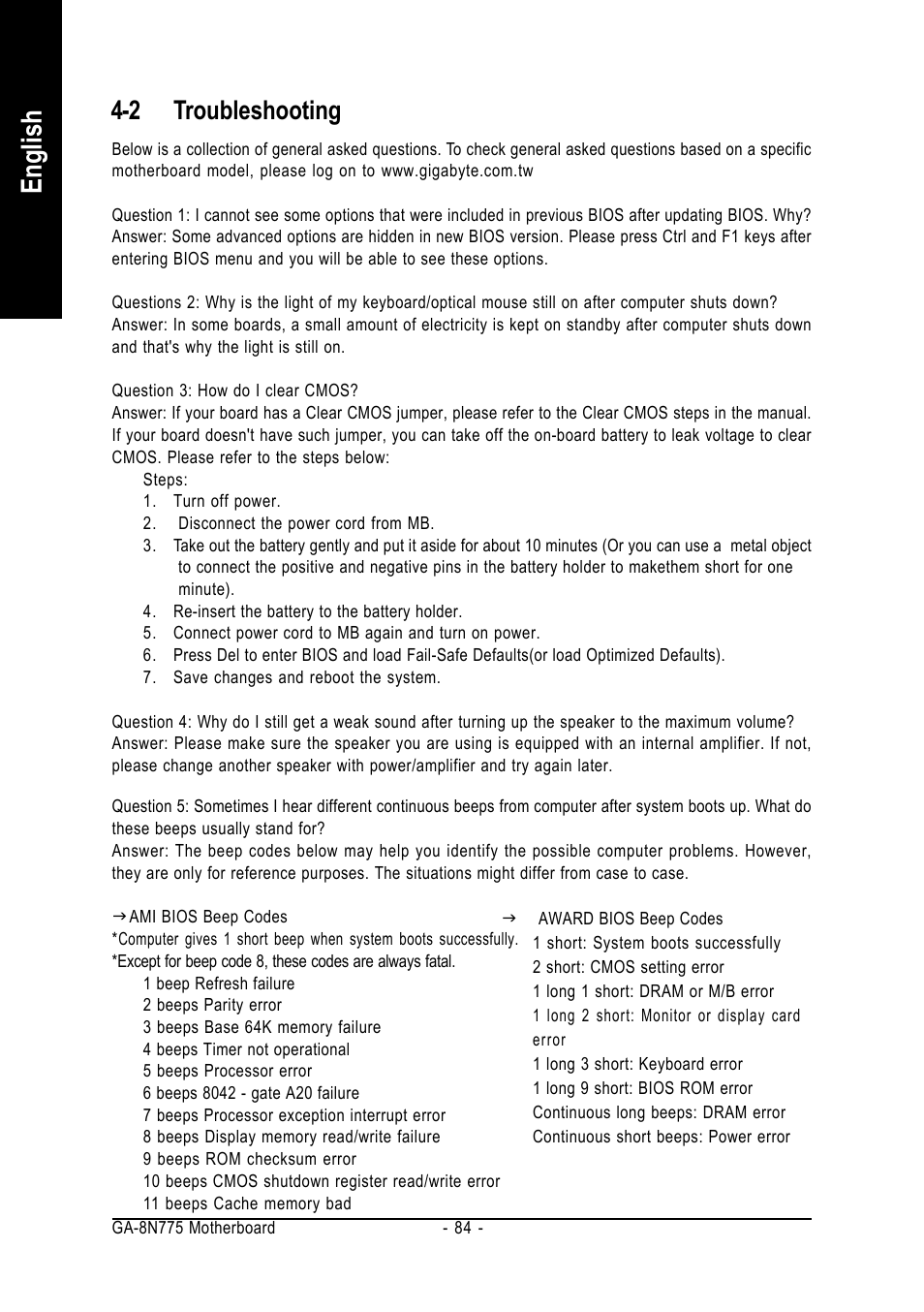 English, 2 troubleshooting | Intel GA-8N775 User Manual | Page 84 / 88