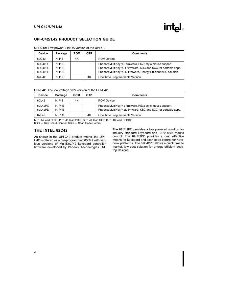Upi-c42 l42 product selection guide, The intel 82c42 | Intel UPI-C42 User Manual | Page 4 / 25