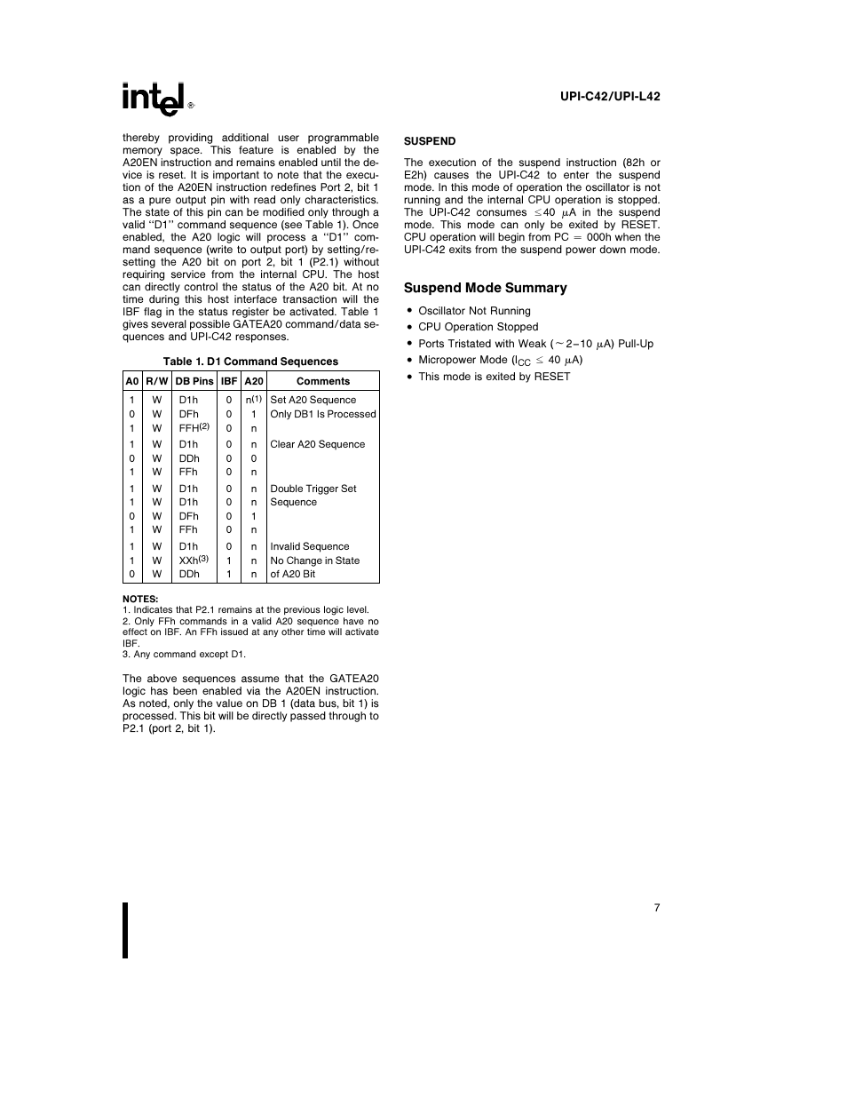 Suspend mode summary | Intel UPI-C42 User Manual | Page 7 / 25