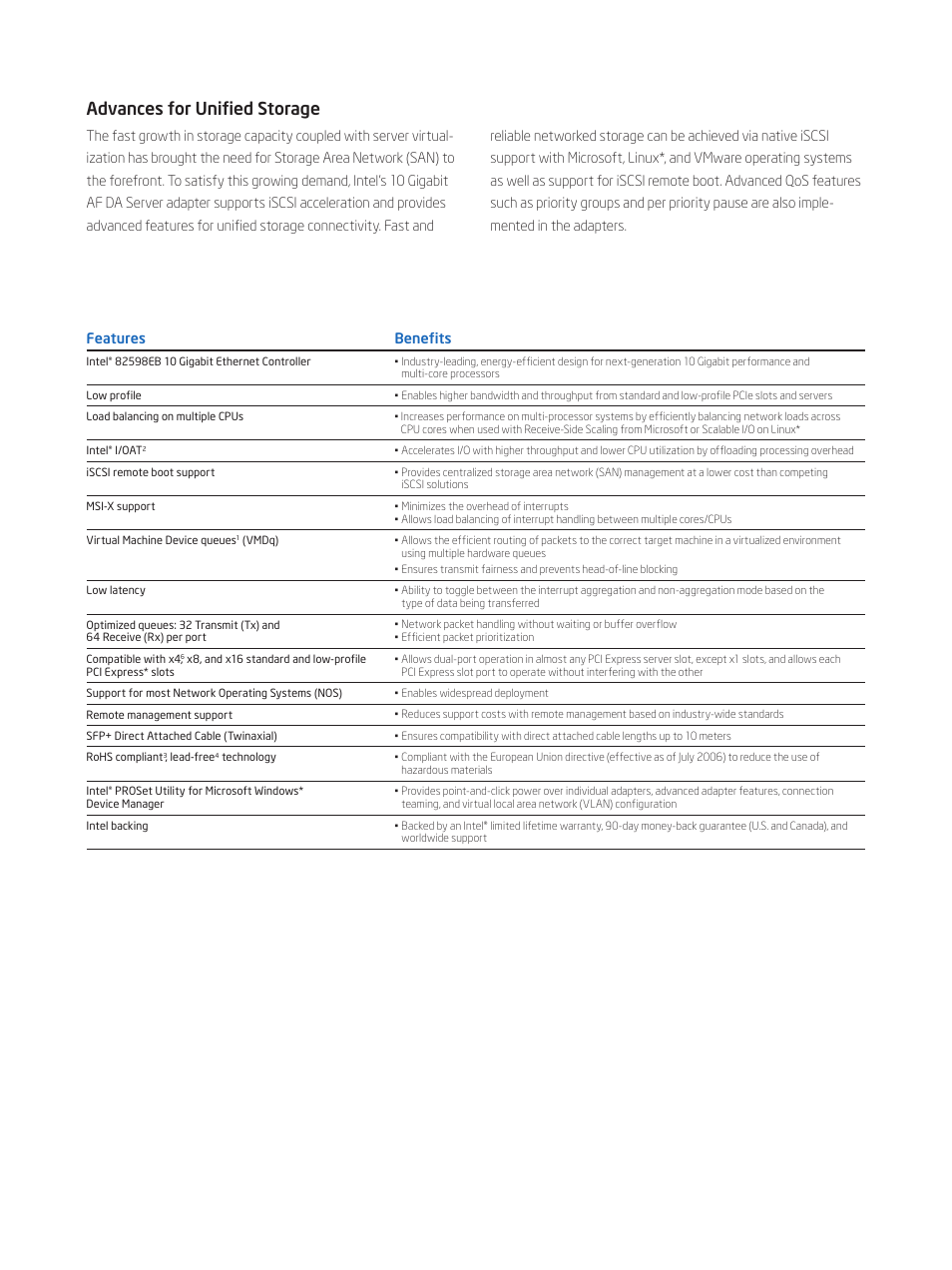 Advances for unified storage | Intel 10 Gigabit AF DA Dual Port Server Adapte User Manual | Page 2 / 4