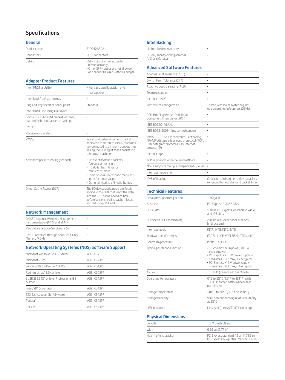 Specifications | Intel 10 Gigabit AF DA Dual Port Server Adapte User Manual | Page 3 / 4