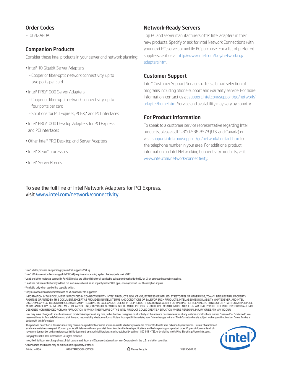 Companion products, Network-ready servers, Customer support | For product information | Intel 10 Gigabit AF DA Dual Port Server Adapte User Manual | Page 4 / 4
