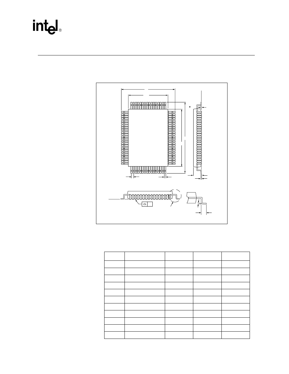 0 82555 package information, Figure 27. dimension diagram for the 82555 qfp, Table 7. dimensions for the 82555 qfp | 82555 package information | Intel 82555 User Manual | Page 57 / 58