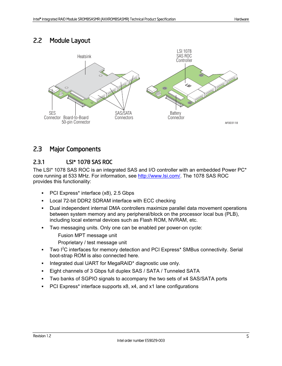 2 module layout, 3 major components, 1 lsi* 1078 sas roc | Module layout, Major components, Lsi* 1078 sas roc, Figure 2. intel, Integrated raid module srombsasmr physical layout | Intel SROMBSASMR (AXXROMBSASMR) User Manual | Page 11 / 40