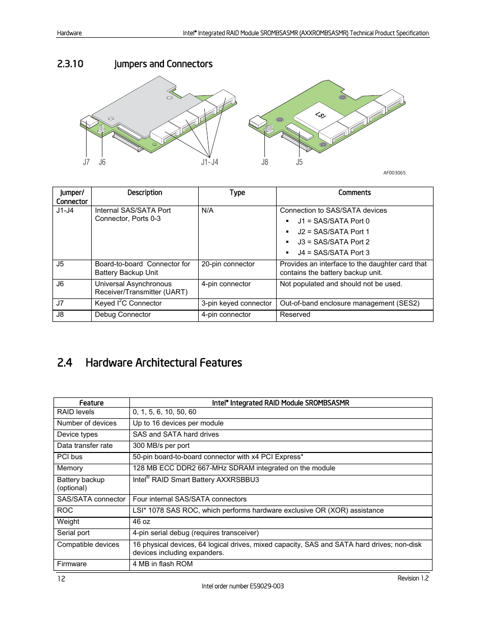 10 jumpers and connectors, 4 hardware architectural features, Jumpers and connectors | Hardware architectural features, Figure 9. jumpers and connectors, Table 4. hardware architectural features | Intel SROMBSASMR (AXXROMBSASMR) User Manual | Page 18 / 40