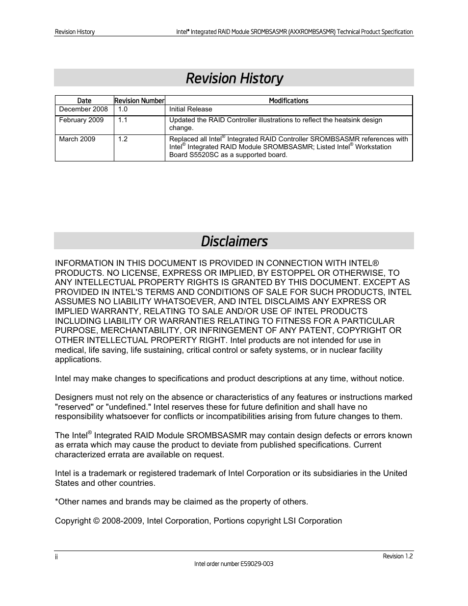 Revision history, Disclaimers | Intel SROMBSASMR (AXXROMBSASMR) User Manual | Page 2 / 40