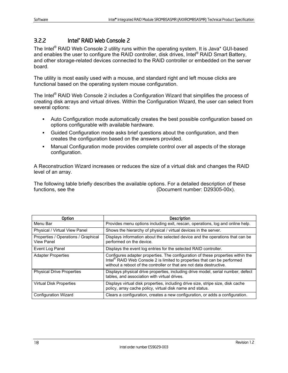 2 intel® raid web console 2, Intel, Raid web console 2 | Table 8. intel, Raid web console 2 options, 2 intel | Intel SROMBSASMR (AXXROMBSASMR) User Manual | Page 24 / 40