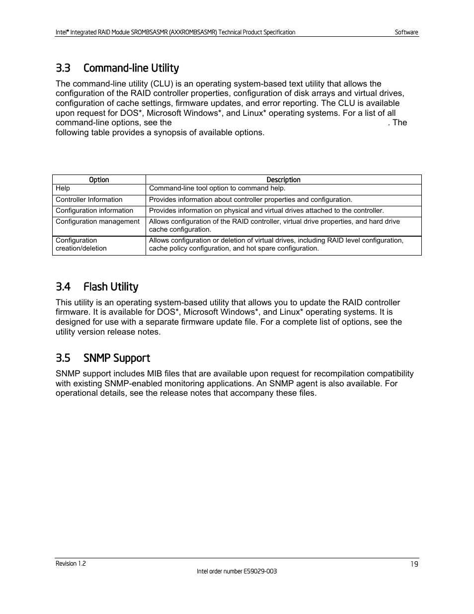 3 command-line utility, 4 flash utility, 5 snmp support | Command-line utility, Flash utility, Snmp support, Table 9. command-line utility options | Intel SROMBSASMR (AXXROMBSASMR) User Manual | Page 25 / 40