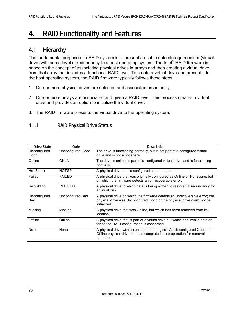Raid functionality and features, 1 hierarchy, 1 raid physical drive status | Hierarchy, Raid physical drive status, Table 10. raid physical drive status | Intel SROMBSASMR (AXXROMBSASMR) User Manual | Page 26 / 40