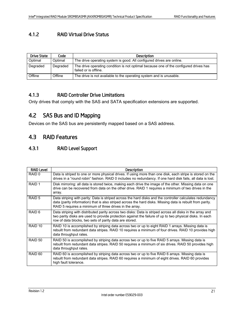 2 raid virtual drive status, 3 raid controller drive limitations, 2 sas bus and id mapping | 3 raid features, 1 raid level support, Raid virtual drive status, Raid controller drive limitations, Sas bus and id mapping, Raid features, Raid level support | Intel SROMBSASMR (AXXROMBSASMR) User Manual | Page 27 / 40