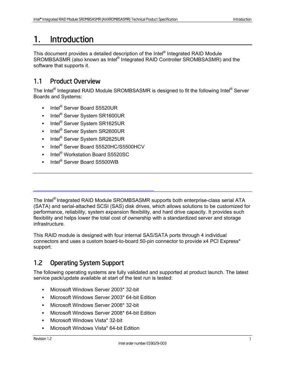 Introduction, 1 product overview, 2 operating system support | Product overview, Operating system support | Intel SROMBSASMR (AXXROMBSASMR) User Manual | Page 7 / 40
