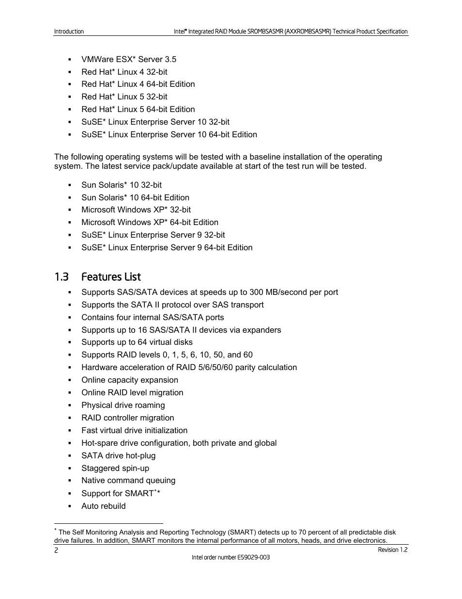 3 features list, Features list | Intel SROMBSASMR (AXXROMBSASMR) User Manual | Page 8 / 40