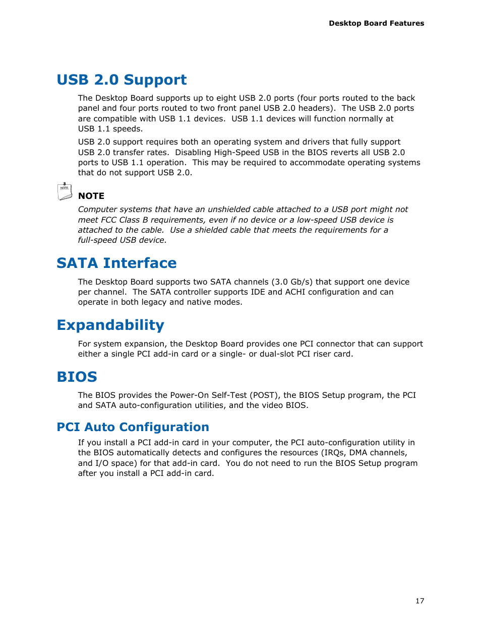 Usb 2.0 support, Sata interface, Expandability | Bios, Pci auto configuration | Intel D425KT User Manual | Page 17 / 60