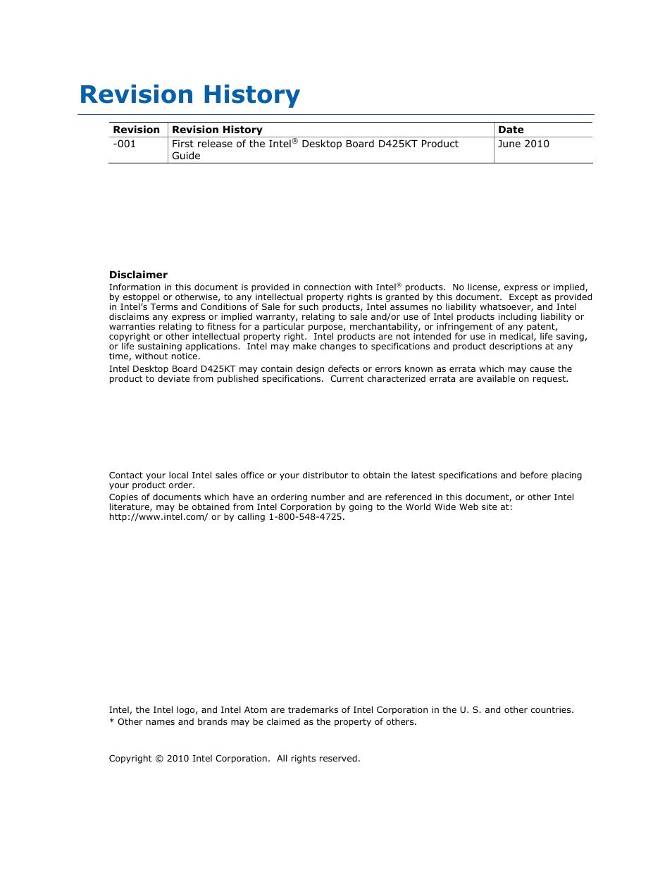 Revision history | Intel D425KT User Manual | Page 2 / 60