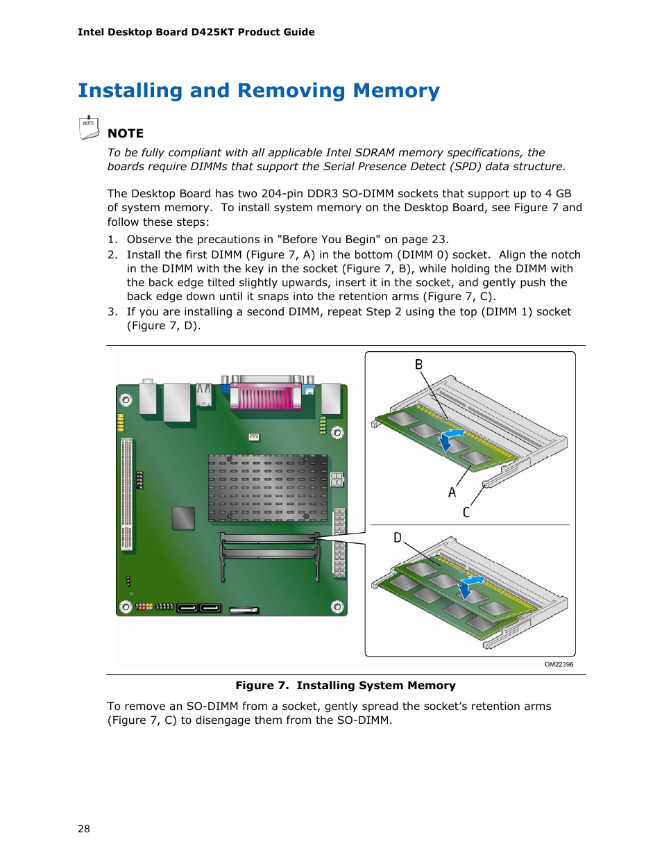 Installing and removing memory, Installing, System memory | Intel D425KT User Manual | Page 28 / 60