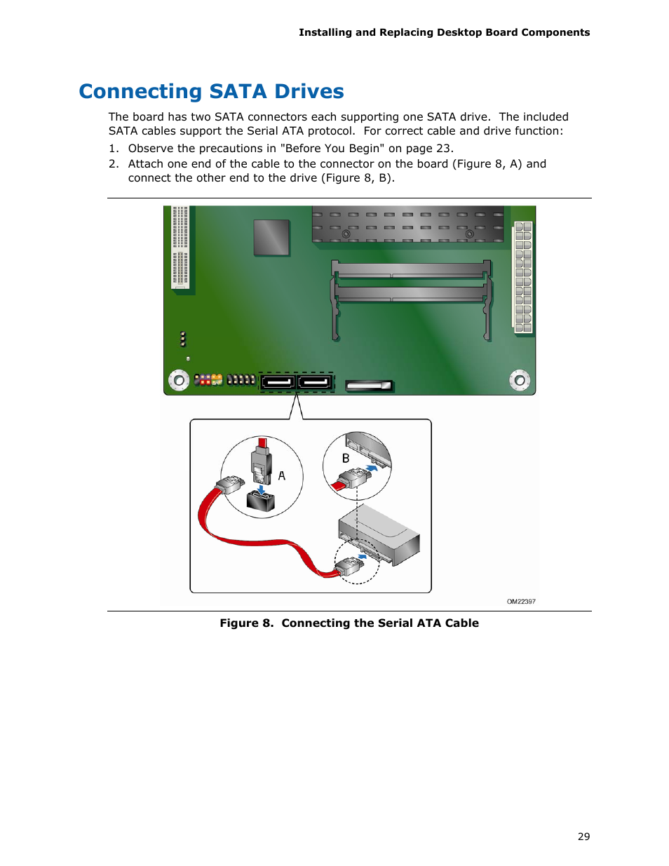 Connecting sata drives, Connecting, Serial ata cable | Intel D425KT User Manual | Page 29 / 60