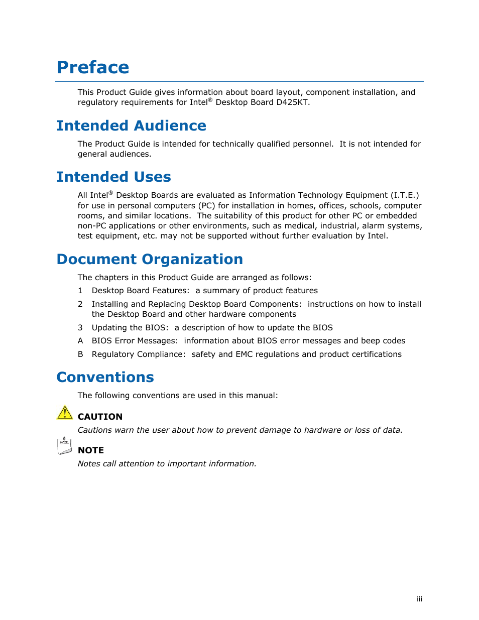 Preface, Intended audience, Intended uses | Document organization, Conventions | Intel D425KT User Manual | Page 3 / 60