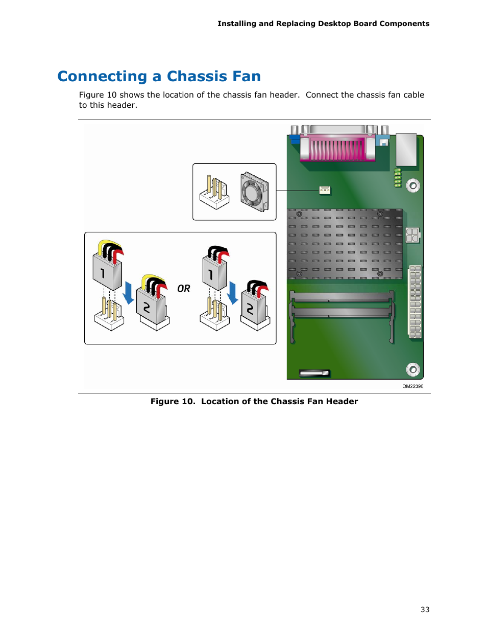 Connecting a chassis fan, Location of the chassis fan header, Der. see figure 10 o | Intel D425KT User Manual | Page 33 / 60