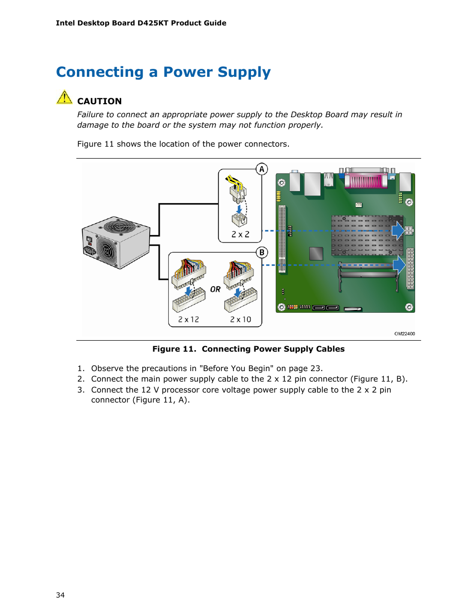 Connecting a power supply, Connecting power supply cables | Intel D425KT User Manual | Page 34 / 60