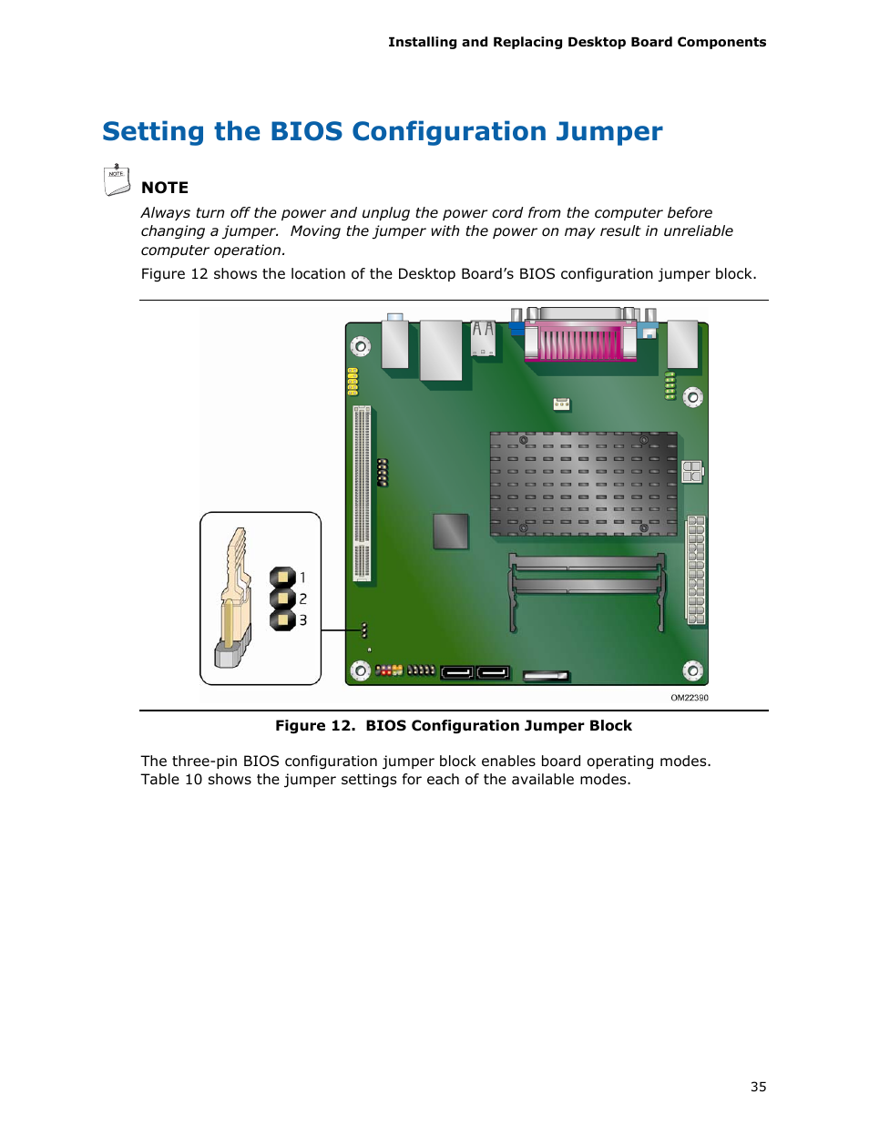 Setting the bios configuration jumper, Bios configuration jumper block | Intel D425KT User Manual | Page 35 / 60