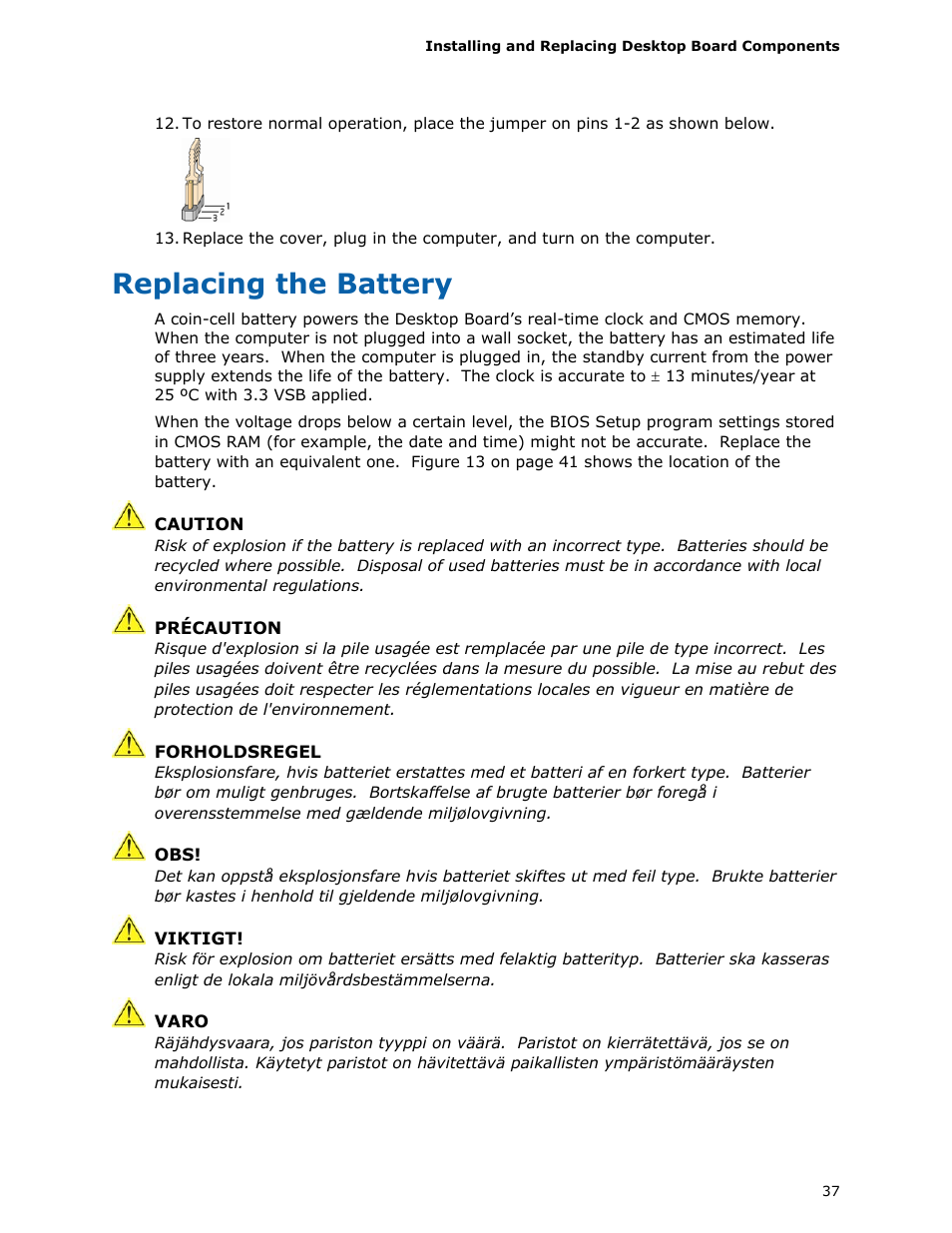 Replacing the battery | Intel D425KT User Manual | Page 37 / 60