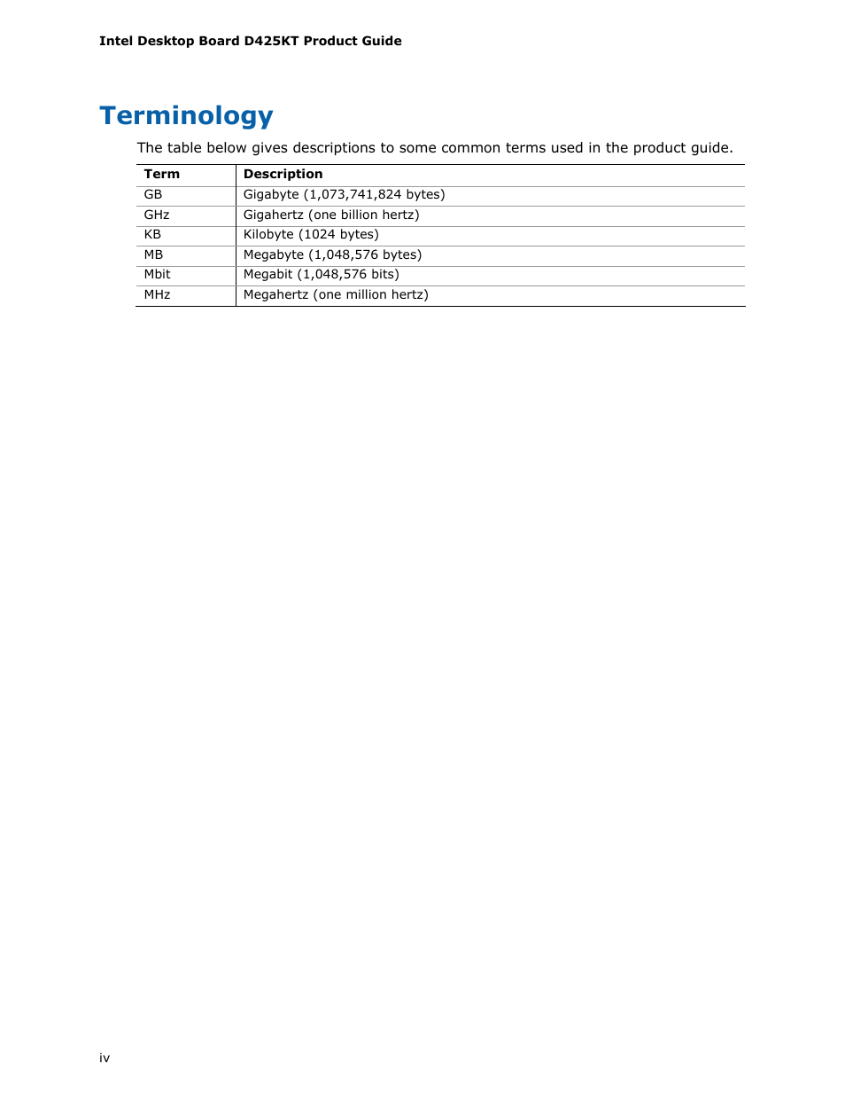 Terminology | Intel D425KT User Manual | Page 4 / 60