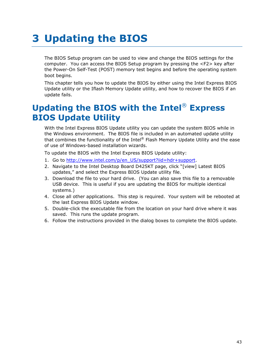 3 updating the bios, Updating the bios with the intel, Express bios update utility | Intel D425KT User Manual | Page 43 / 60