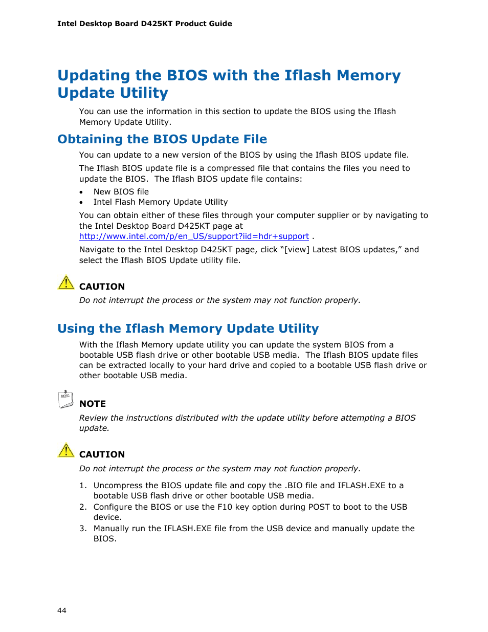 Obtaining the bios update file, Using the iflash memory update utility | Intel D425KT User Manual | Page 44 / 60