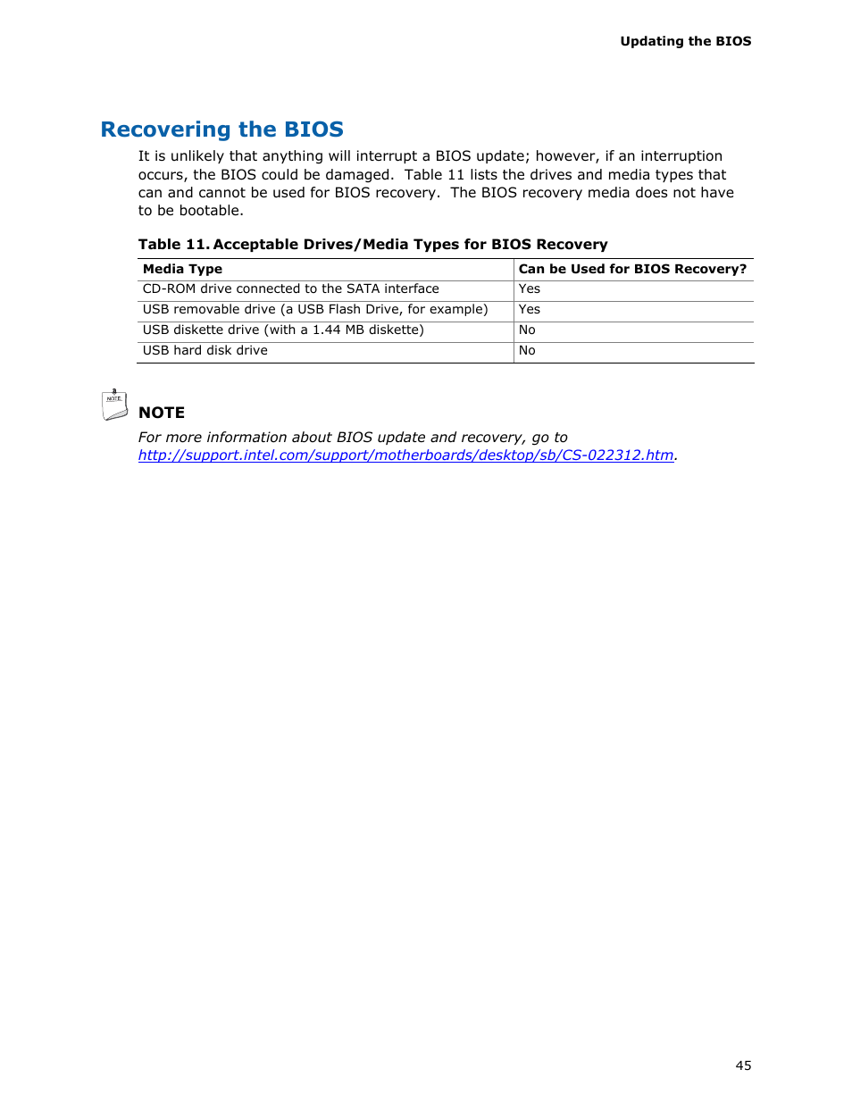 Recovering the bios, Acceptabledrives/media types for bios recovery | Intel D425KT User Manual | Page 45 / 60