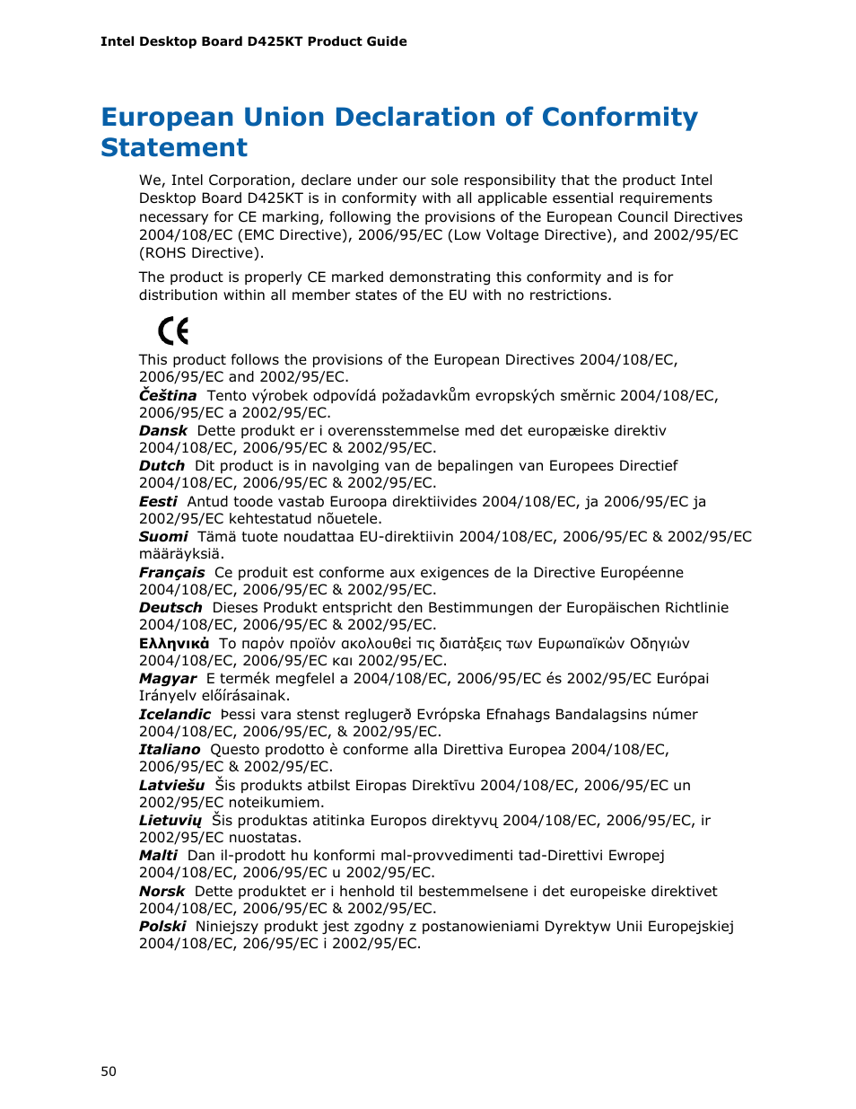 European union declaration of conformity statement | Intel D425KT User Manual | Page 50 / 60