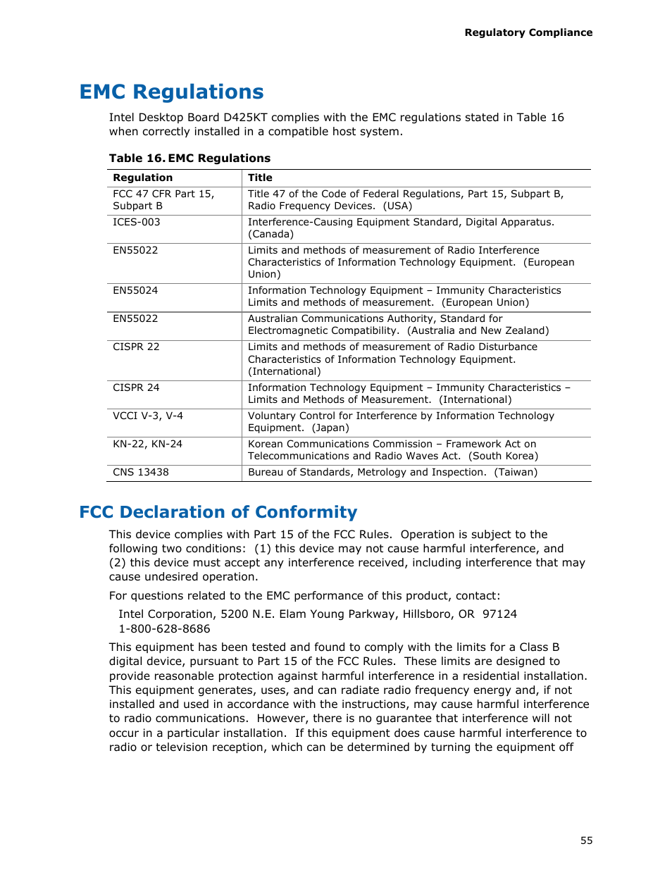 Emc regulations, Fcc declaration of conformity | Intel D425KT User Manual | Page 55 / 60