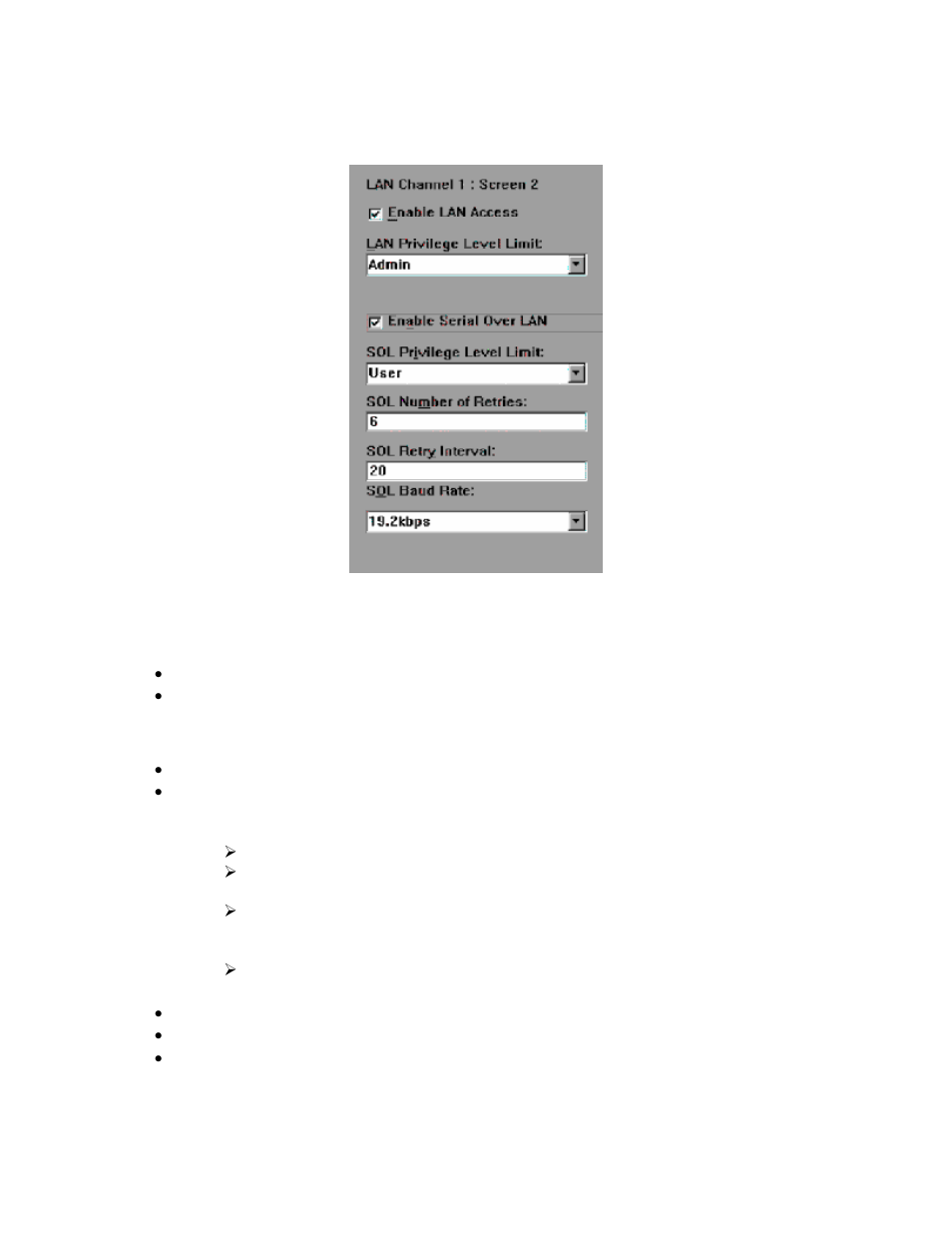 Access levels, Lan channel, screen 2 – server management and sol, Access levels – admin level is strongly suggested | Intel SE7320 User Manual | Page 16 / 30