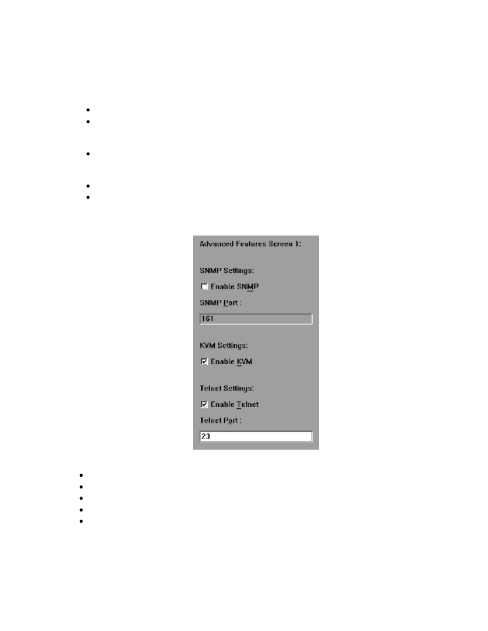 Configuring the advanced features, Advanced screen 1, Snmp, kvm and telnet configuration | Intel SE7320 User Manual | Page 25 / 30