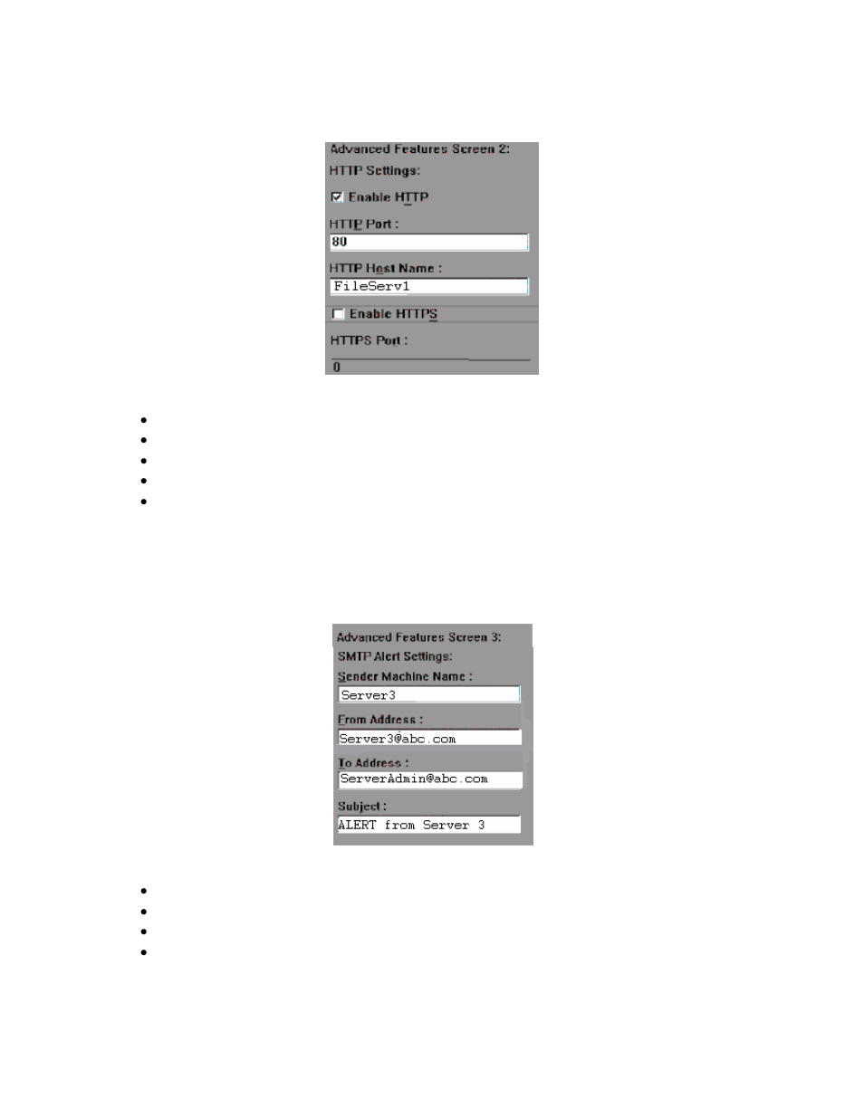 Advanced features screen 2 – web configuration, Advanced features screen 3 – smtp alert settings, Advanced screen 2 – web configuration | Advanced screen 3 – smtp alert settings | Intel SE7320 User Manual | Page 26 / 30