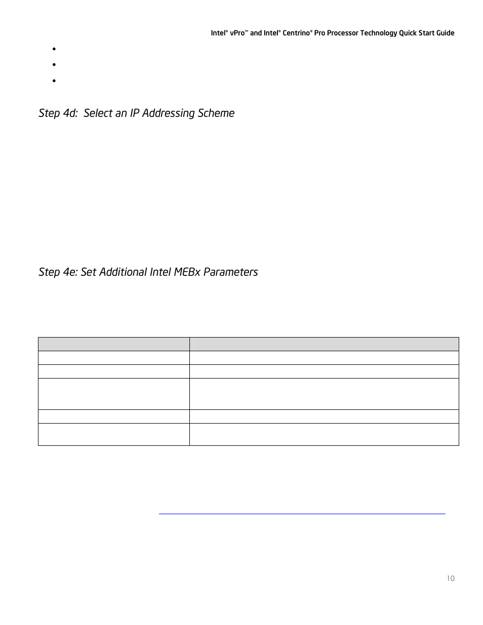 Step 4d: select an ip addressing scheme, Step 4e: set additional intel mebx parameters | Intel vPro User Manual | Page 10 / 41