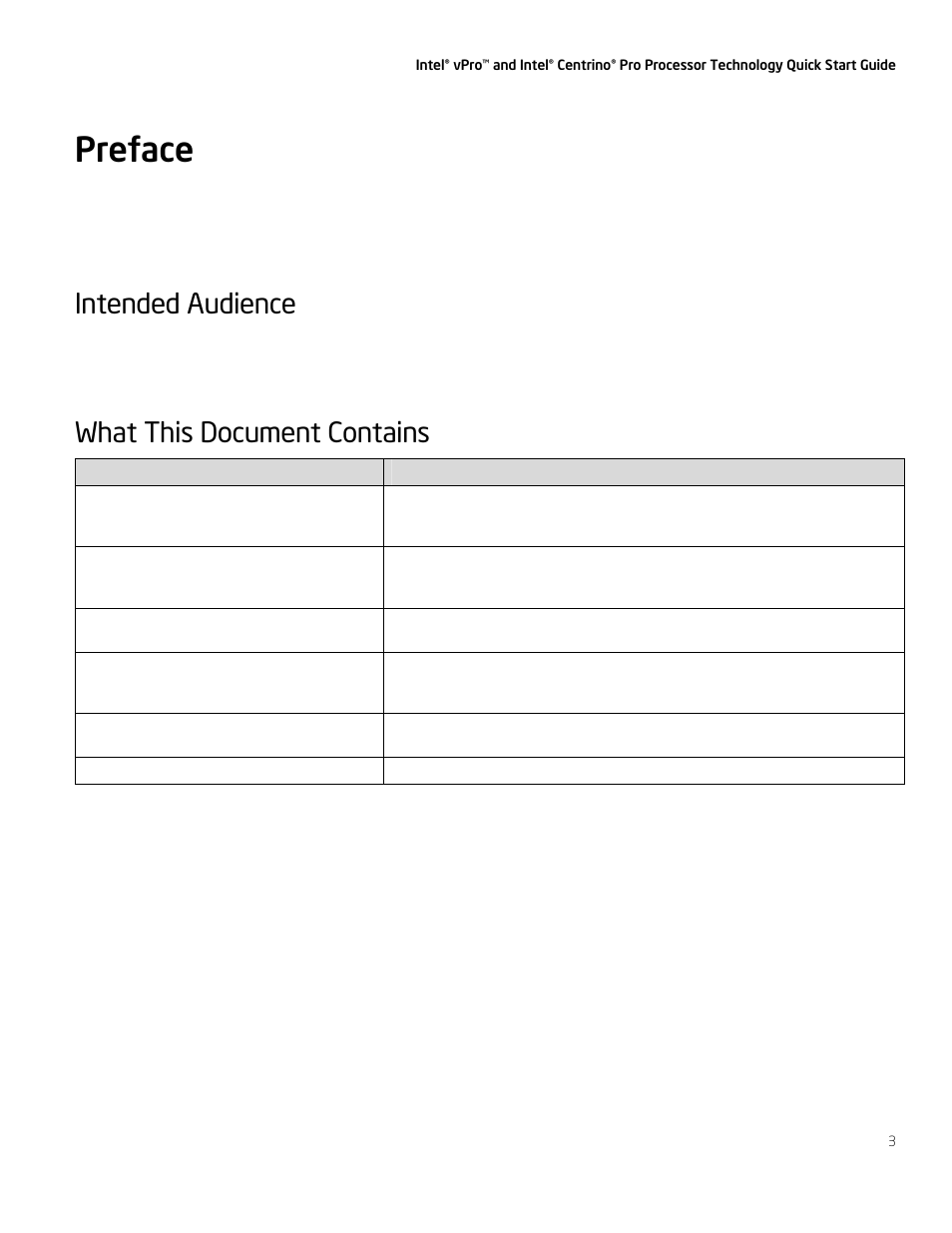 Preface, Intended audience, What this document contains | Intel vPro User Manual | Page 3 / 41