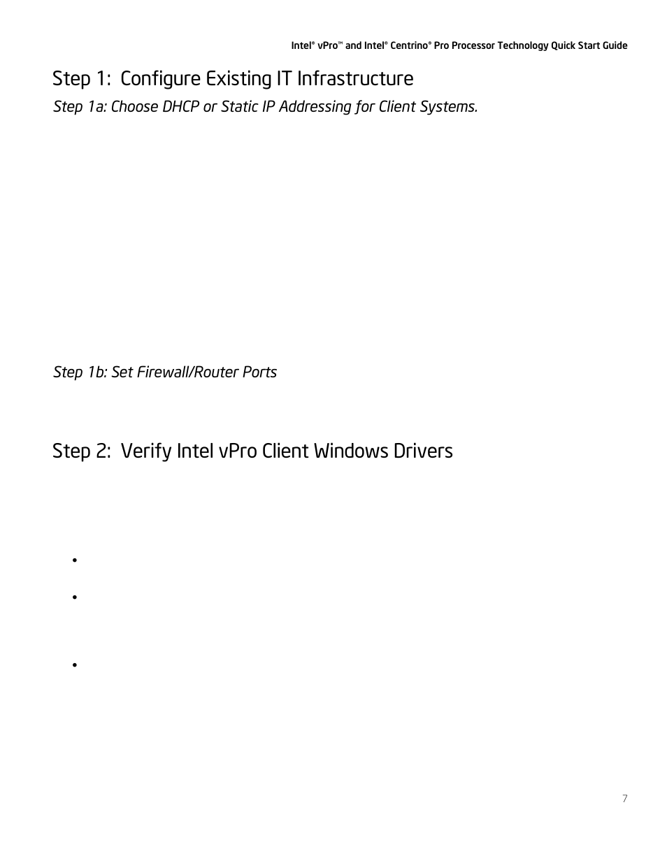 Step 1: configure existing it infrastructure, Step 2: verify intel vpro client windows drivers, Step 1b: set firewall/router ports | Intel vPro User Manual | Page 7 / 41