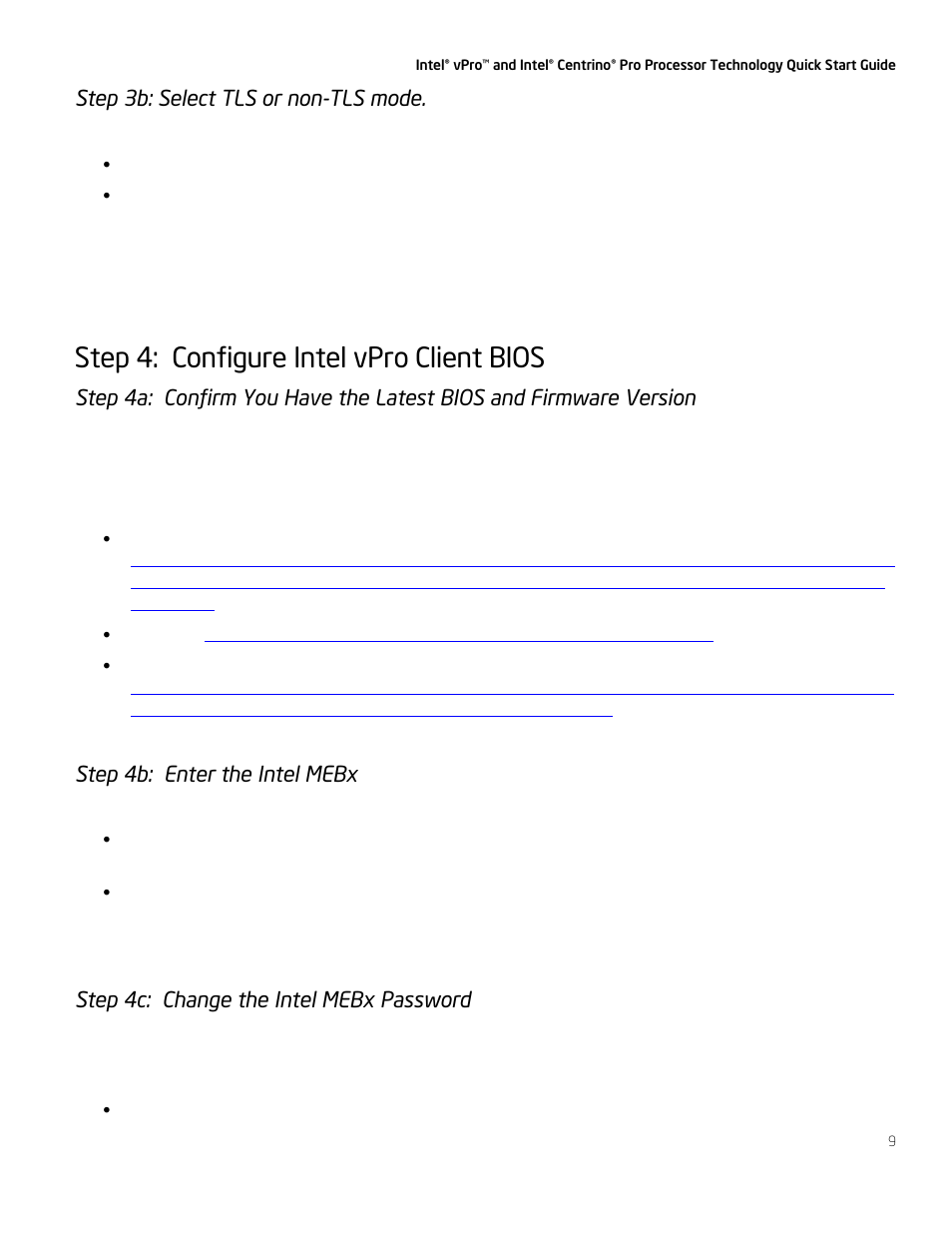 Step 4: configure intel vpro client bios, Step 3b: select tls or non-tls mode, Step 4b: enter the intel mebx | Step 4c: change the intel mebx password | Intel vPro User Manual | Page 9 / 41