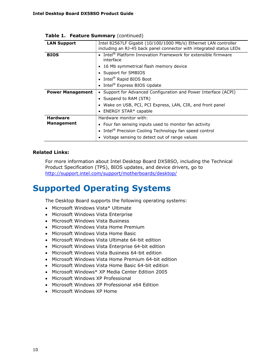 Supported operating systems | Intel DX58SO User Manual | Page 10 / 86