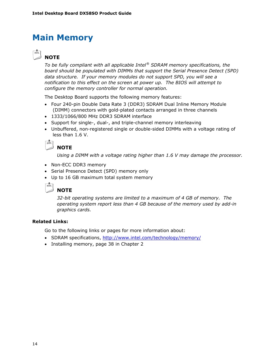 Main memory | Intel DX58SO User Manual | Page 14 / 86