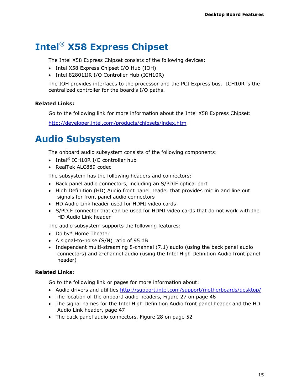 Intel® x58 express chipset, Audio subsystem, Intel | X58 express chipset | Intel DX58SO User Manual | Page 15 / 86