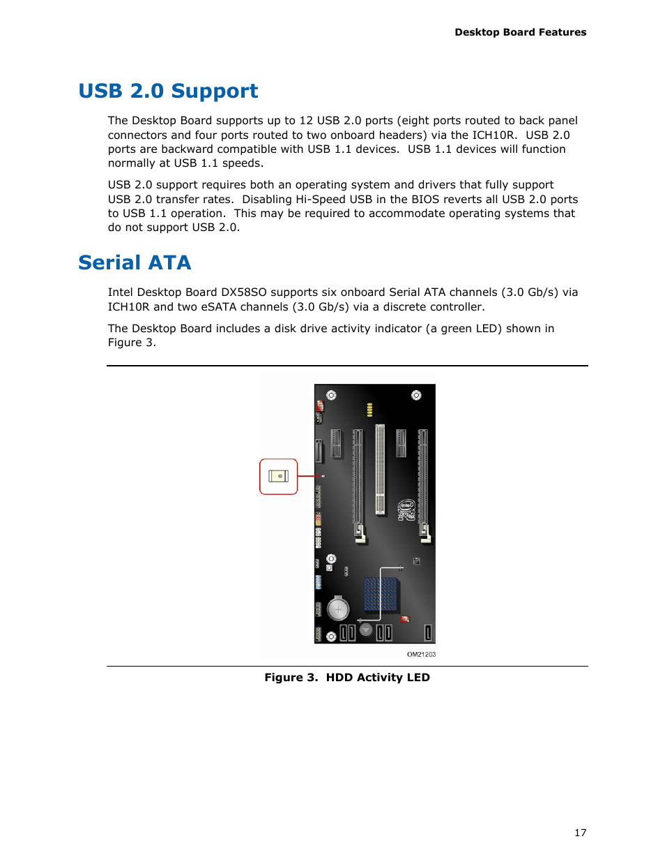 Usb 2.0 support, Serial ata | Intel DX58SO User Manual | Page 17 / 86