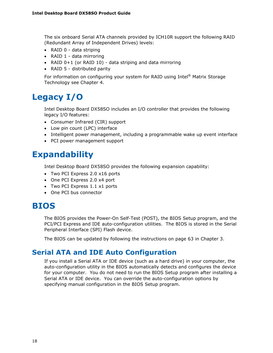 Legacy i/o, Expandability, Bios | Serial ata and ide auto configuration | Intel DX58SO User Manual | Page 18 / 86