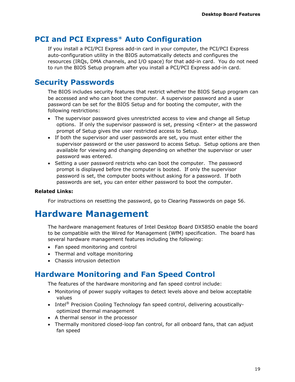 Pci and pci express* auto configuration, Security passwords, Hardware management | Hardware monitoring and fan speed control, Pci and pci express * auto configuration | Intel DX58SO User Manual | Page 19 / 86