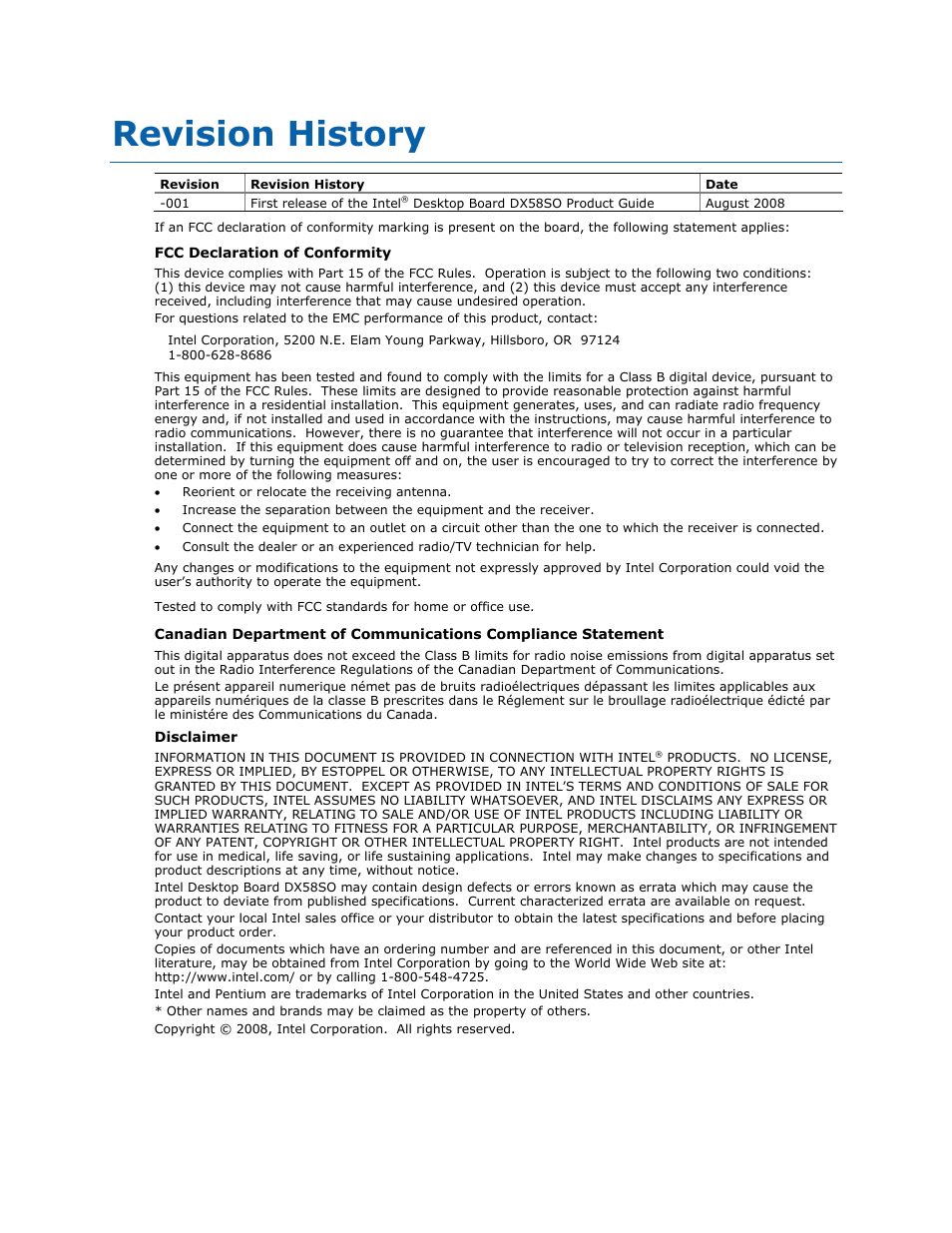 Revision history | Intel DX58SO User Manual | Page 2 / 86