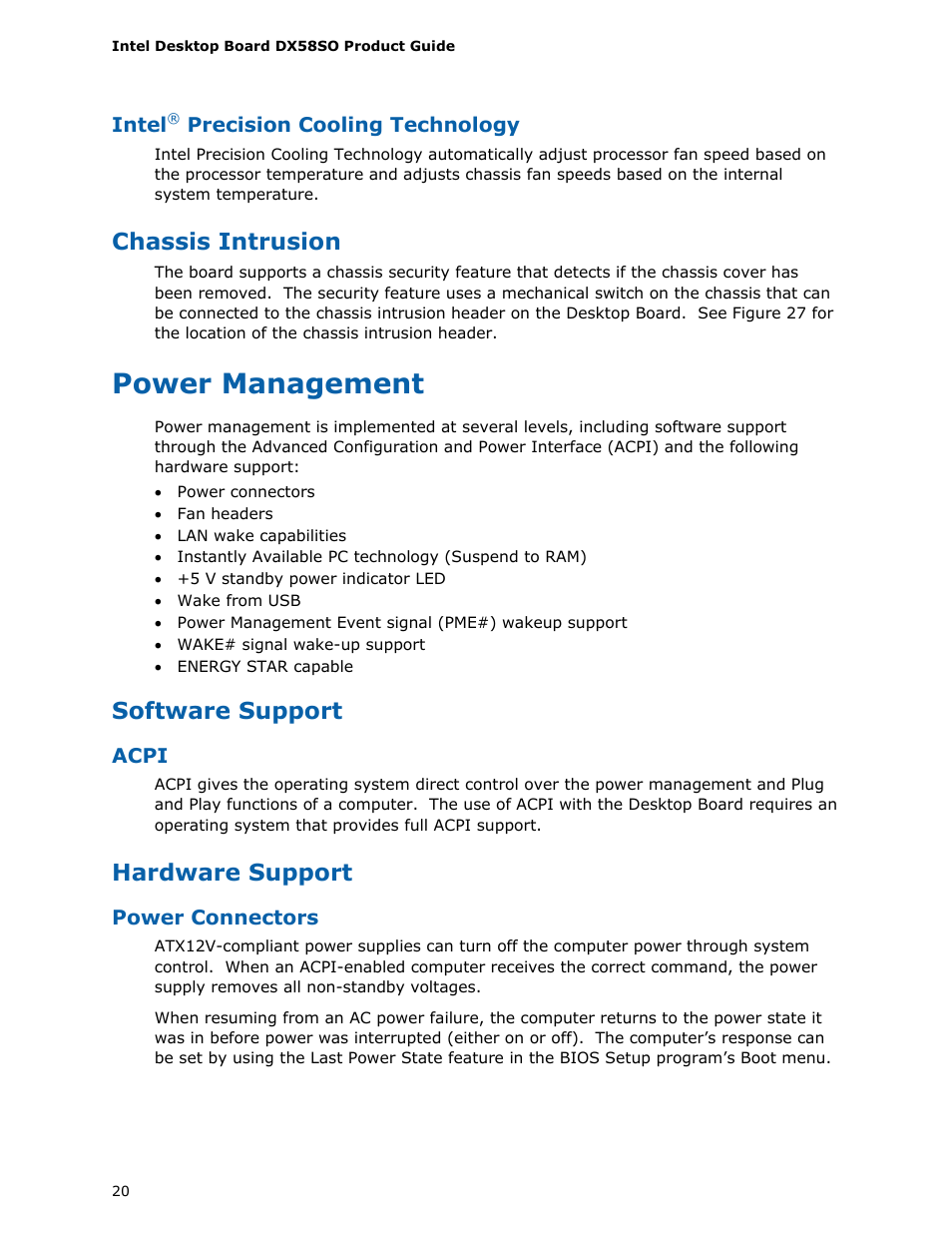 Chassis intrusion, Power management, Software support | Hardware support | Intel DX58SO User Manual | Page 20 / 86