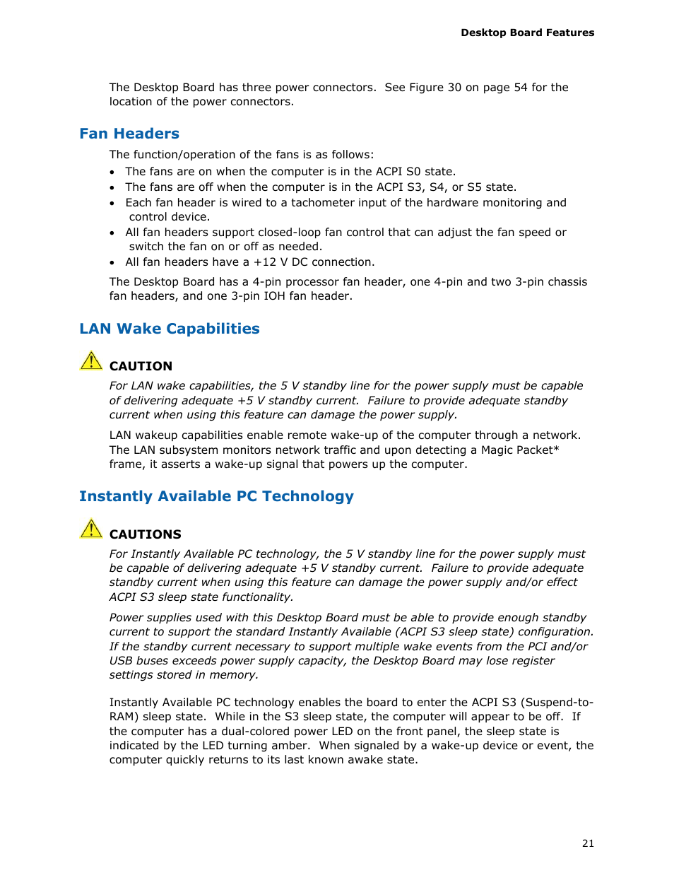 Fan headers, Lan wake capabilities, Instantly available pc technology | Intel DX58SO User Manual | Page 21 / 86