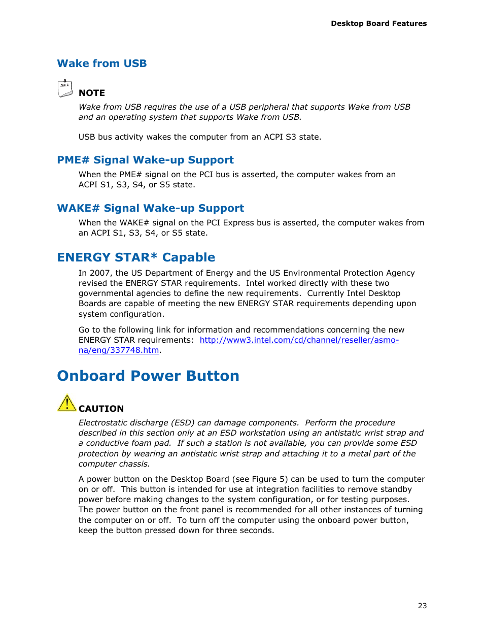 Energy star* capable, Onboard power button | Intel DX58SO User Manual | Page 23 / 86