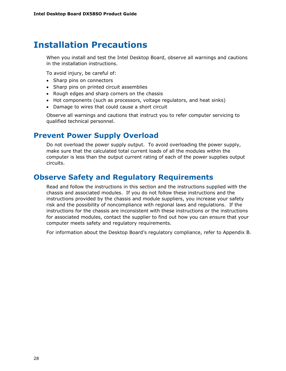 Installation precautions, Prevent power supply overload, Observe safety and regulatory requirements | Intel DX58SO User Manual | Page 28 / 86