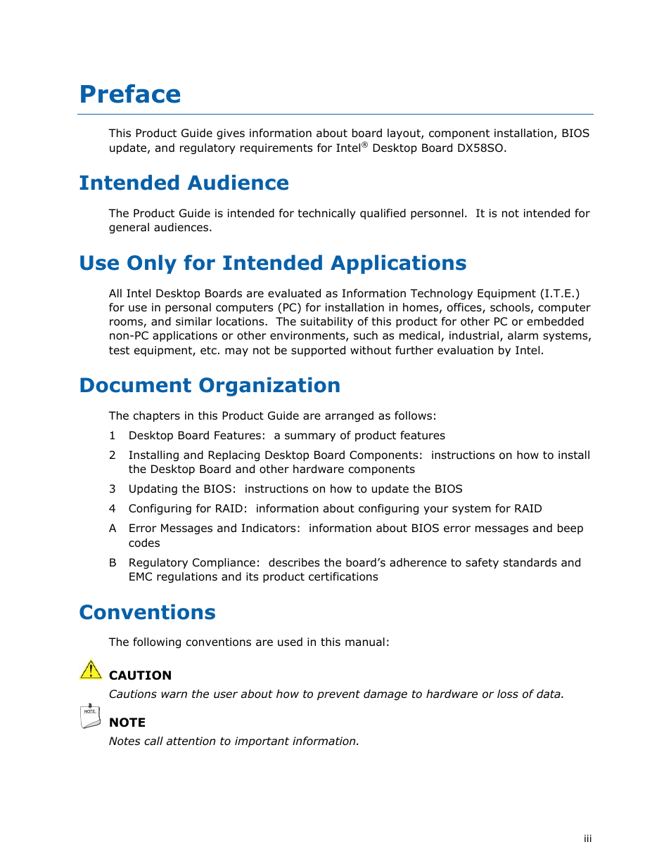 Preface, Intended audience, Use only for intended applications | Document organization, Conventions | Intel DX58SO User Manual | Page 3 / 86